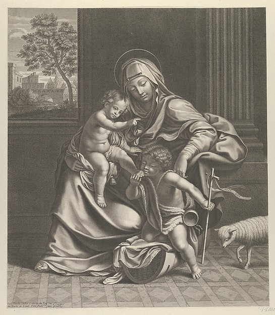 Guillaume Vallet, The Virgin seated with the infant Christ on her lap, the young Saint John the Baptist kneeling on Christ's cradle and caressing his foot, a lamb at right, after Reni