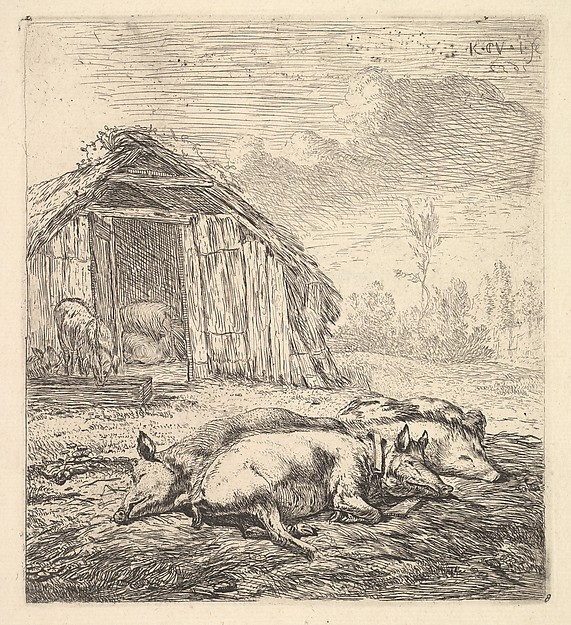 Karel Dujardin, Three pigs lying on their sides, a pigsty and trough beyond