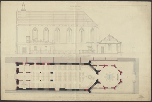 Lucas Hermanus Eberson, Side elevation and floor plan of a Walloon church [in Arnhem ?]