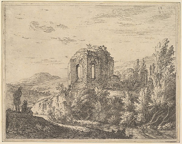 Karel Dujardin, View of ruins showing the corner of a building with two arched windows, in a landscape with a stream in the foreground, from a series of four plates showing ruins of a single building