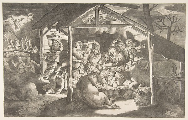 Giulio Bonasone, The adoration of the shepherds, various figures at night surround the Christ Child