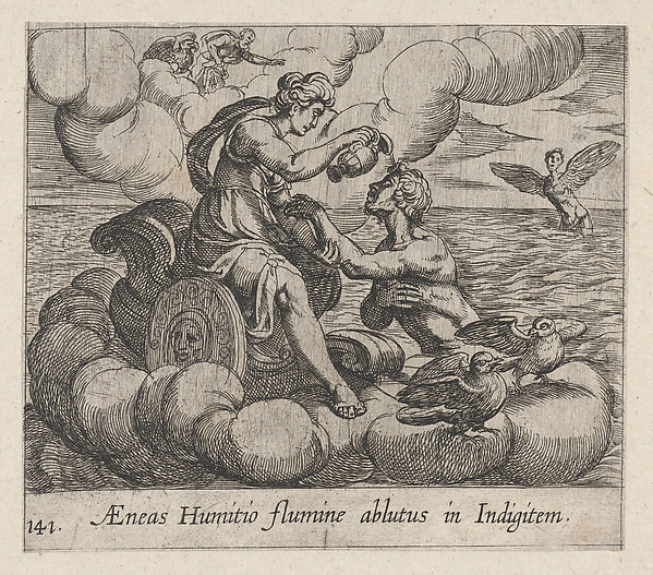Antonio Tempesta, Plate 141: The Immortalization of Aeneas (AEneas Humitio flumine ablutus in Indigitem), from Ovid's 'Metamorphoses'