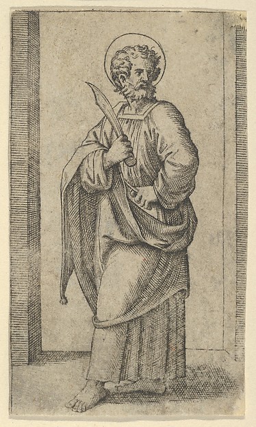 Marcantonio Raimondi, Saint Bartholomew, knife in his right hand, from "Piccoli Santi" (Small Saints)