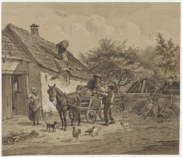 Kikkert, Jan Elias, (1843-1925), (artist), Farmers unloading a horse drawn carriage in a farmyard