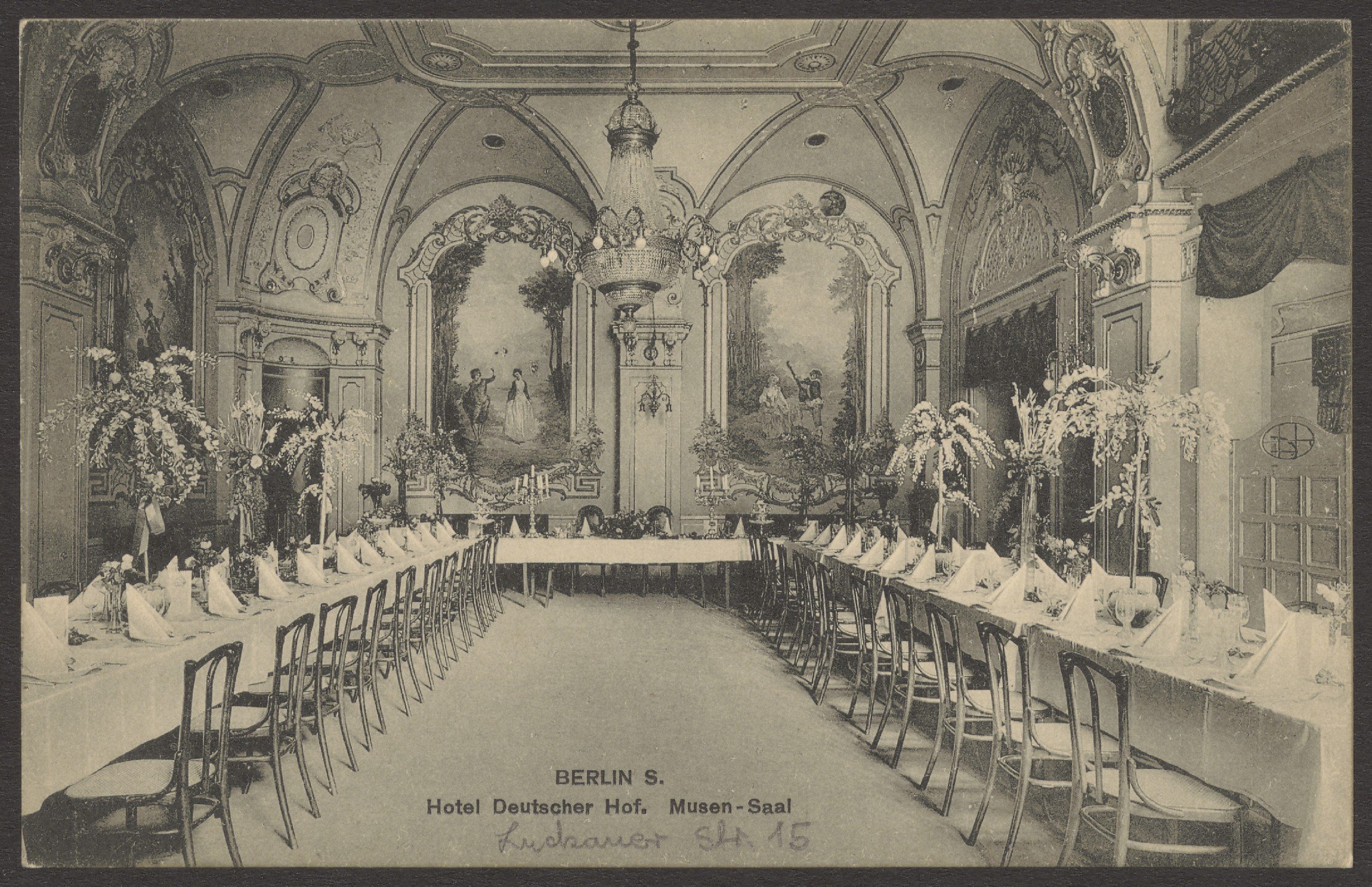 Kunstverlag J. Goldiner, Ansichtskarte "Musen-Saal" im Hotel Deutscher Hof, Luckauer Straße 15