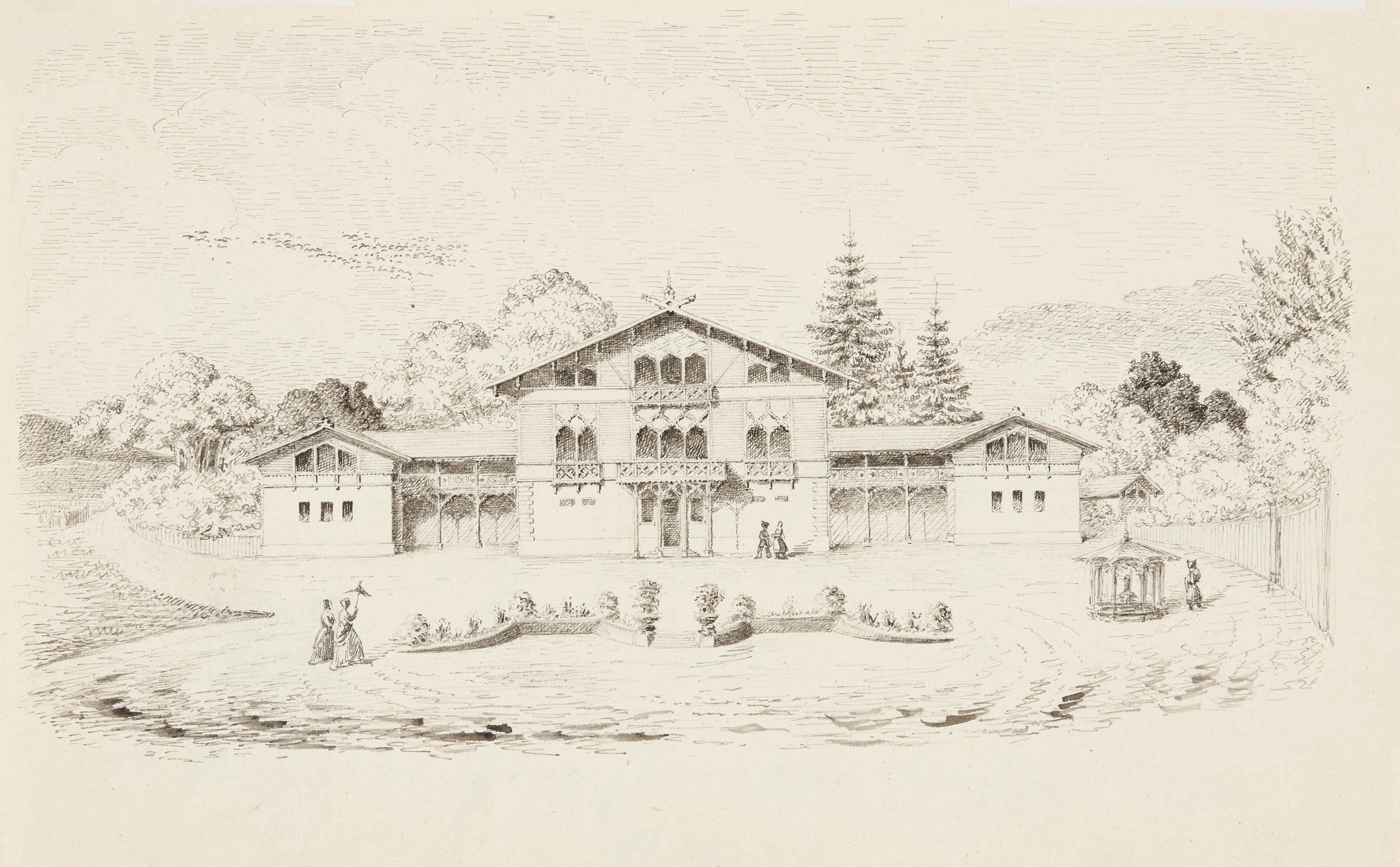 Verlag der G. Ebner'schen Kunsthandlung, Entwurf zu "Skizzen zu ländlichen Gebäuden unter Benützung des Gebirgsstyls von J. E. Zeller, Architekt. Verlag der Georg Ebnerschen Kunsthandlung Stuttgart 1851"