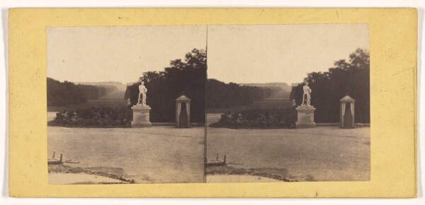 Unknown, [View of a French park, statue and small building in background]