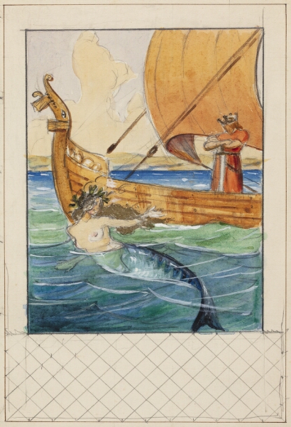 Agnes Slott-Møller, Illustration til Oehlenschläger med havfrue og en konge på et skib indpasset i rammeudkast