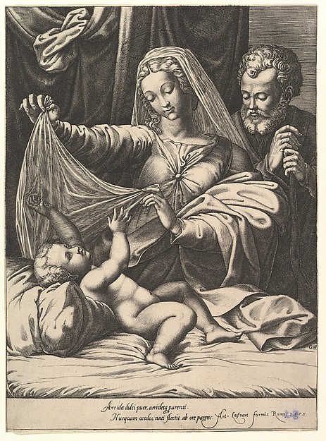 Giorgio Ghisi, Madonna of Loreto, the Virgin lifts a veil above the Child, who lies on a bed and pillow, Joseph stands behind with both hands on his staff