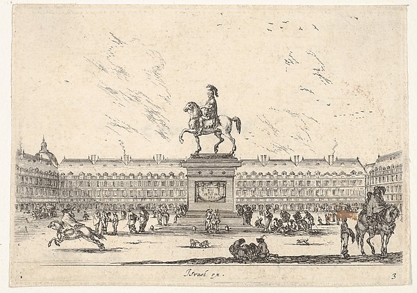 Stefano della Bella, Plate 3: La Place Royale, equestrian statue of Louis XIII in profile facing the left in center, various horsemen and figures in background, from "Various Figures" (Agréable diversité de figures)