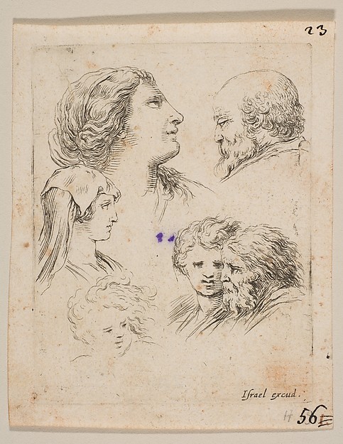 Stefano della Bella, Plate 9: five heads, two young women at left, a bearded man at upper right, a young woman and a bearded man at bottom right, from 'The Book for Learning to Draw' (Livre pour apprendre à dessiner)