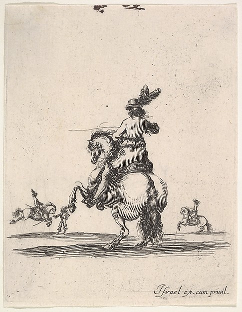 Stefano della Bella, A horseman atop a rearing horse, seen from behind and turned towards the left, two horsemen in the background, from "Various cavalry exercises" (Diverses exercices de cavalerie)