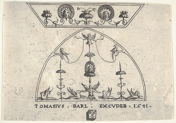 Enea Vico, Two panels of grotesque decoration, with winged human figures, birds, and griffins, from a series of panels of different dimensions representing grotesques