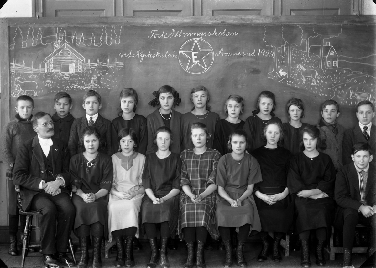 Gustaf Ferdinand Hallberg, Klassrumsinteriör, elever med lärare. Fortsättningsskolan vid kyrkskolan i Svennevad. År 1924. Folkskolläraren Linus Andrén. Nedre raden: nr.2 från vänster Asta Kullberg. Övre raden: nr.3 från vänster Harald Kullberg, nr.4 från vänster, Ingrid Strömberg, nr.5 från vänster Ellen Eriksson.