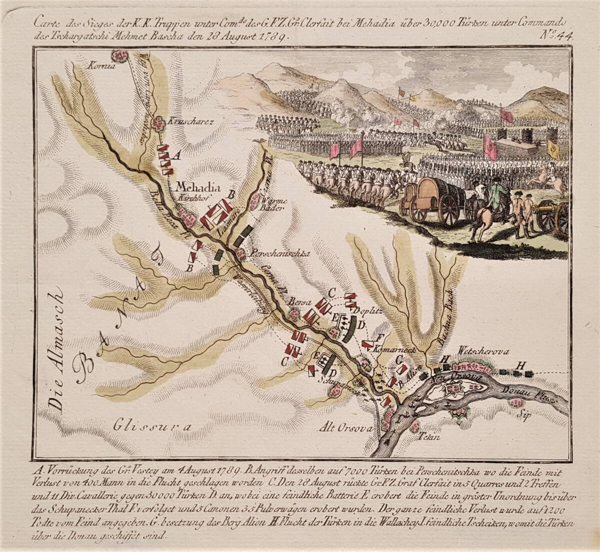 Anonym, Karte der Schlacht bei Mehadia zwischen kaiserlichen und osmanischen Truppen am 28. August 1789