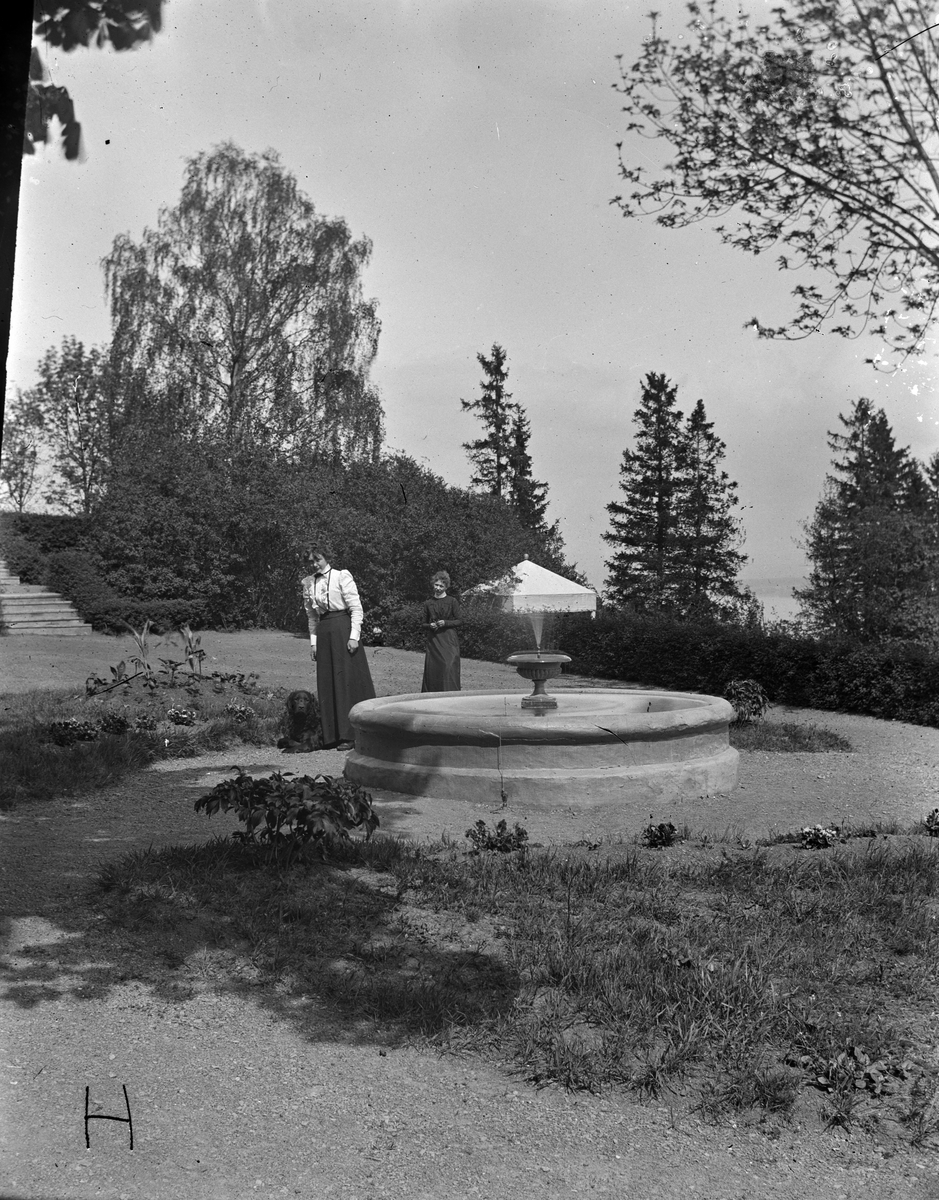 Jacob Tollesen Hoel, Hovinsholm gård, Helgøya i Ringsaker. Springvannet fra hageplassen. Fontene. 2 av døtrene og 1 hund. Foto Jacob Hoel