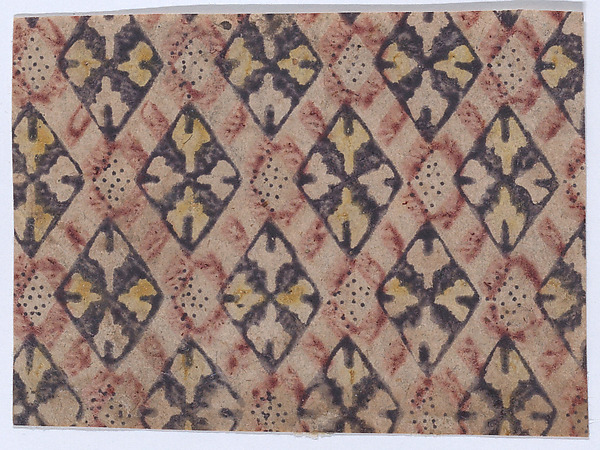Anonymous, Sheet with alternating red, navy, and yellow ornate diamond outlines, with small black dots