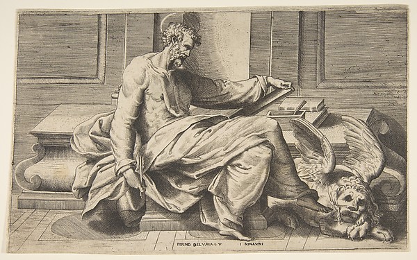 Giulio Bonasone, Saint Mark writing his Gospel, a winged lion at the right