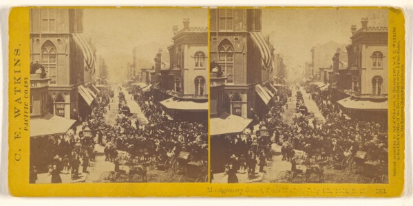 Carleton Watkins, Montgomery Street, from Market, July 4th, 1864, S.F. (#583)