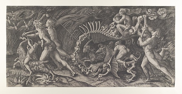 Agostino Veneziano (Agostino dei Musi), Lo Stregozzo: a female witch riding on an animal skeleton, preceded by two men and a boy on a goat blowing on a horn, another naked man behind carrying two bones