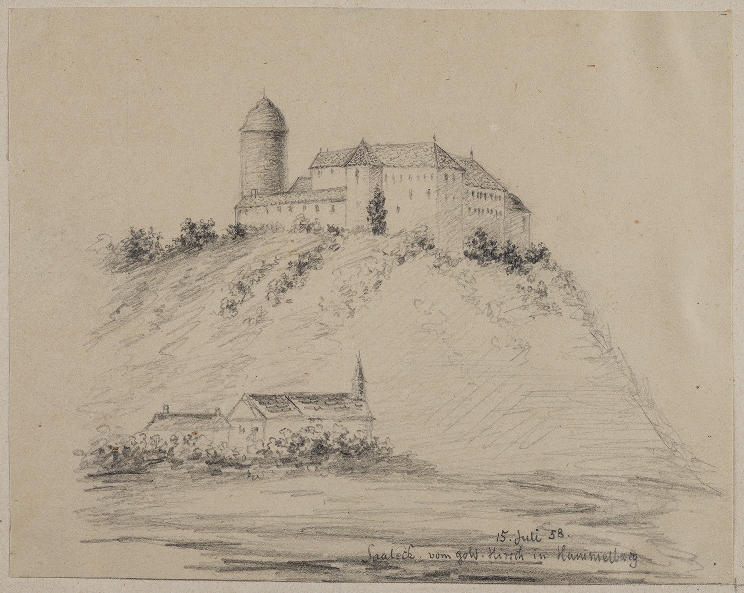 Rudolf Lutter, Saaleck bei Hammelburg (Unterfranken): Burg, vom Goldenen Hirsch in Hammelburg aus gesehen
