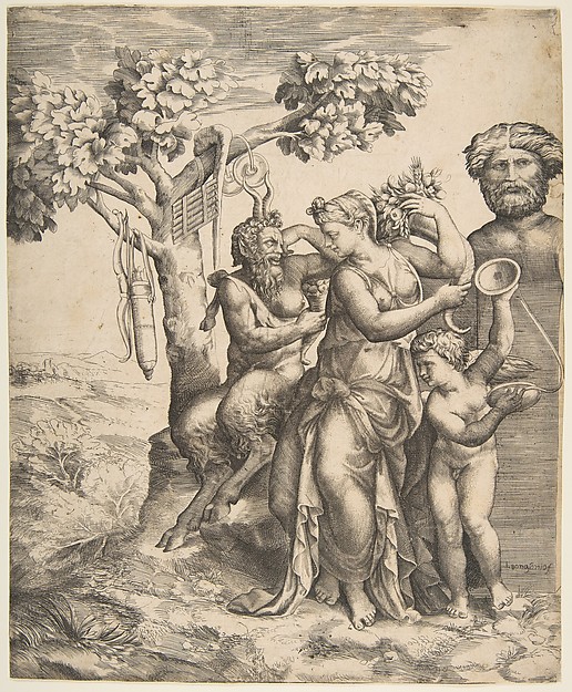 Giulio Bonasone, Pan at the left seated next to a standing nymph, to the right Cupid holding cymbals