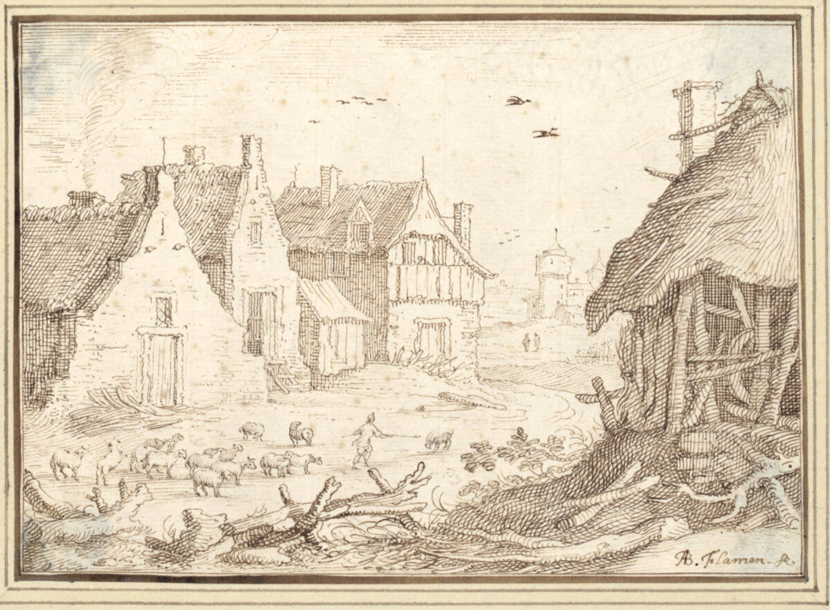 AlbertFlamen, Dorfstraße mit Schafherde (III-35)