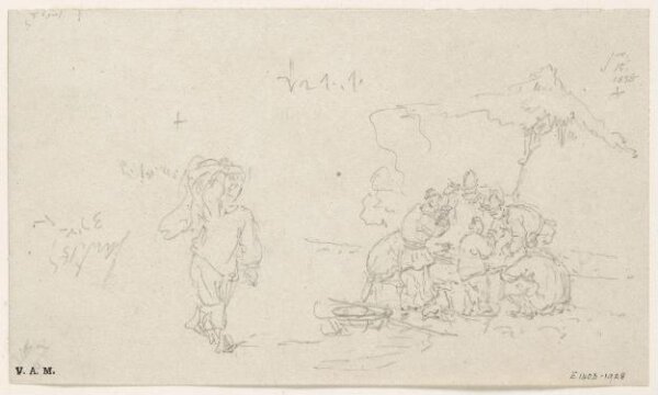 George Chinnery, A group of figures, and a figure carrying a basket on his shoulder