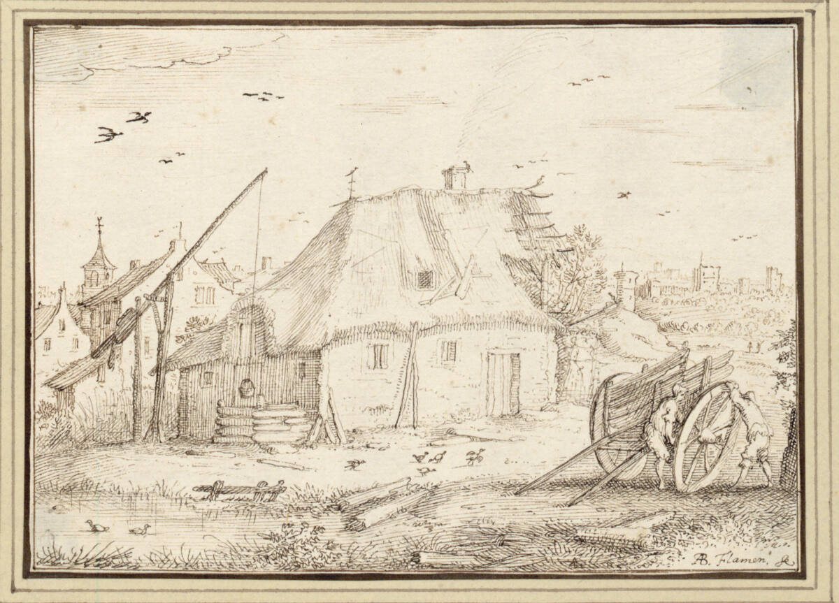 AlbertFlamen, Gehöft mit Ziehbrunnen, rechts vorne ein einachsiger Karren (III-33)