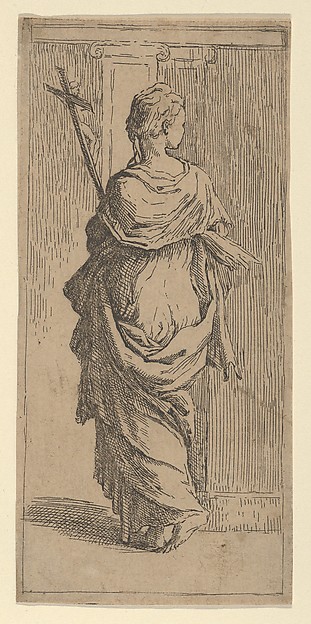 Guido Reni, Girl carrying a crucifix and stepping toward a pilaster, seen from behind