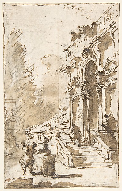 Francesco Guardi, Architectural Capriccio: Garden Entrance to a Palace (recto); Three Masked and Costumed Figures and Other Figure Studies (verso)