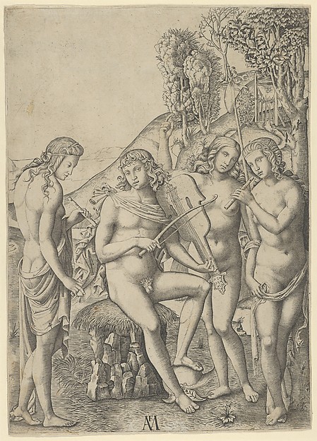 Marcantonio Raimondi, A young man, seated and playing the violin at centre, flanked by two woman holding flutes, another woman in the background
