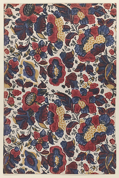 Anonymous, Paste end paper with overall pattern of red, blue, and yellow flowers