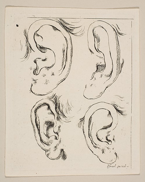 Stefano della Bella, Plate 5: four ears, from 'The Book for Learning to Draw' (Livre pour apprendre à dessiner)