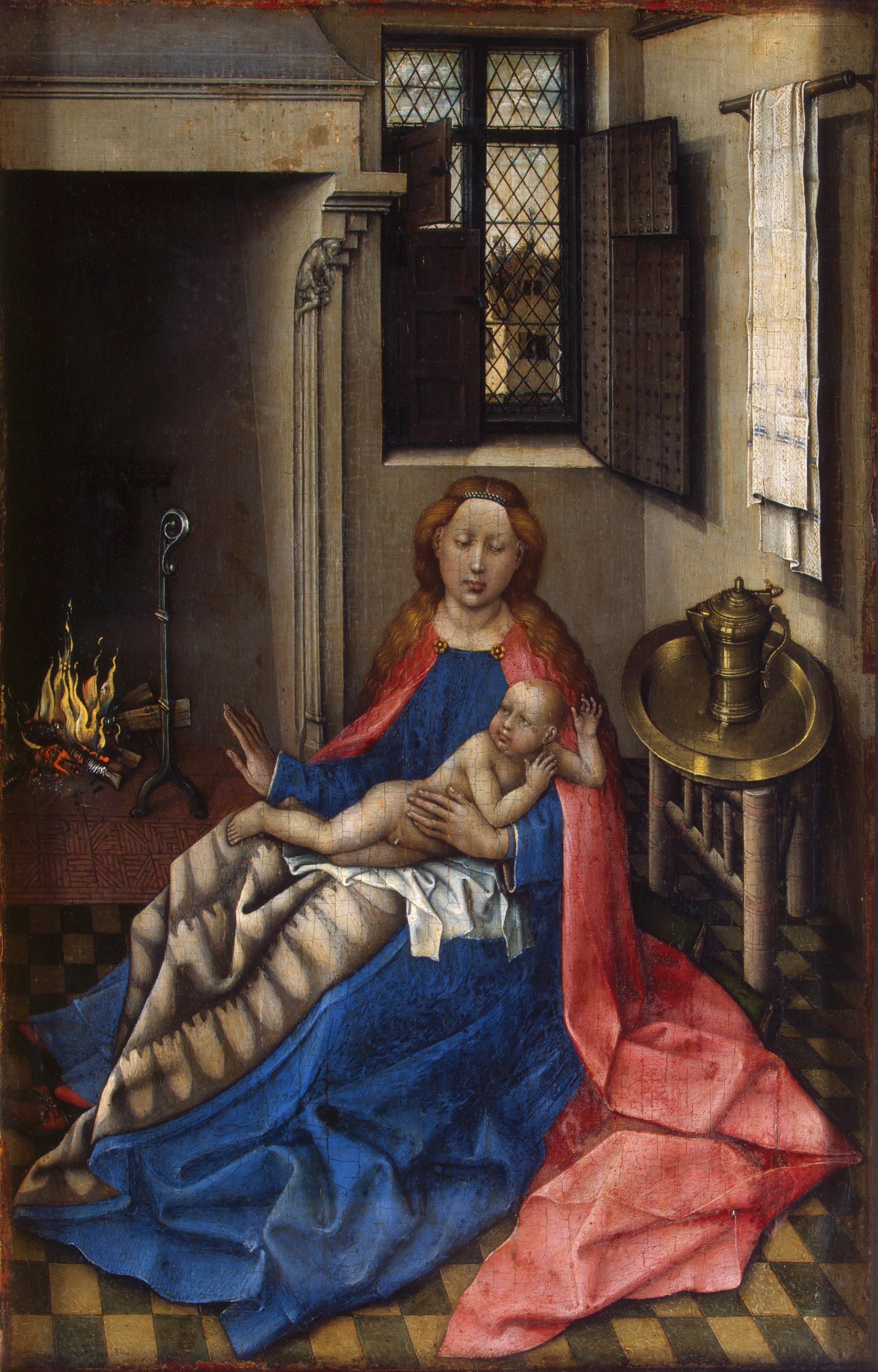 Robert Campin, The Virgin and Child by a Fireplace (Right Wing of a Diptych)