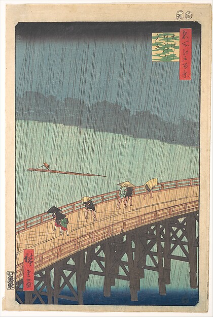 Utagawa Hiroshige, Sudden Shower over Shin-Ōhashi Bridge and Atake (Ōhashi Atake no yūdachi), from the series One Hundred Famous Views of Edo (Meisho Edo hyakkei)