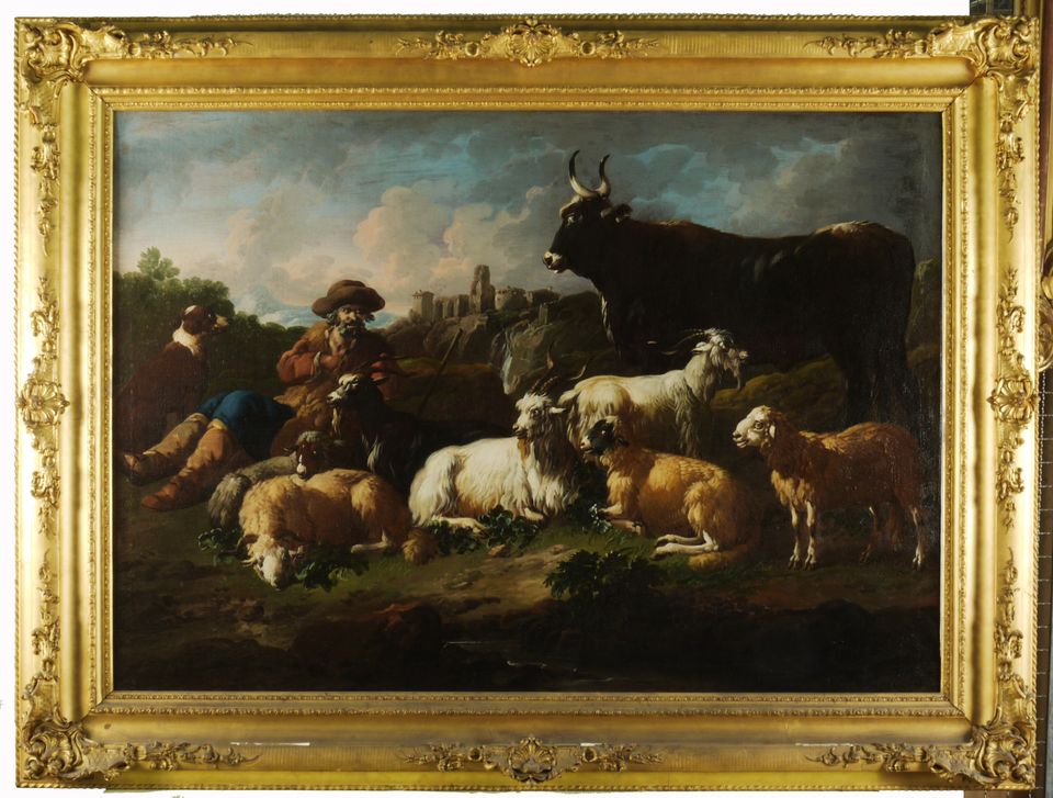 Philipp Peter Roos, Tierstück. Landschaft mit sitzendem Hirt und Ziegenherde und Stier