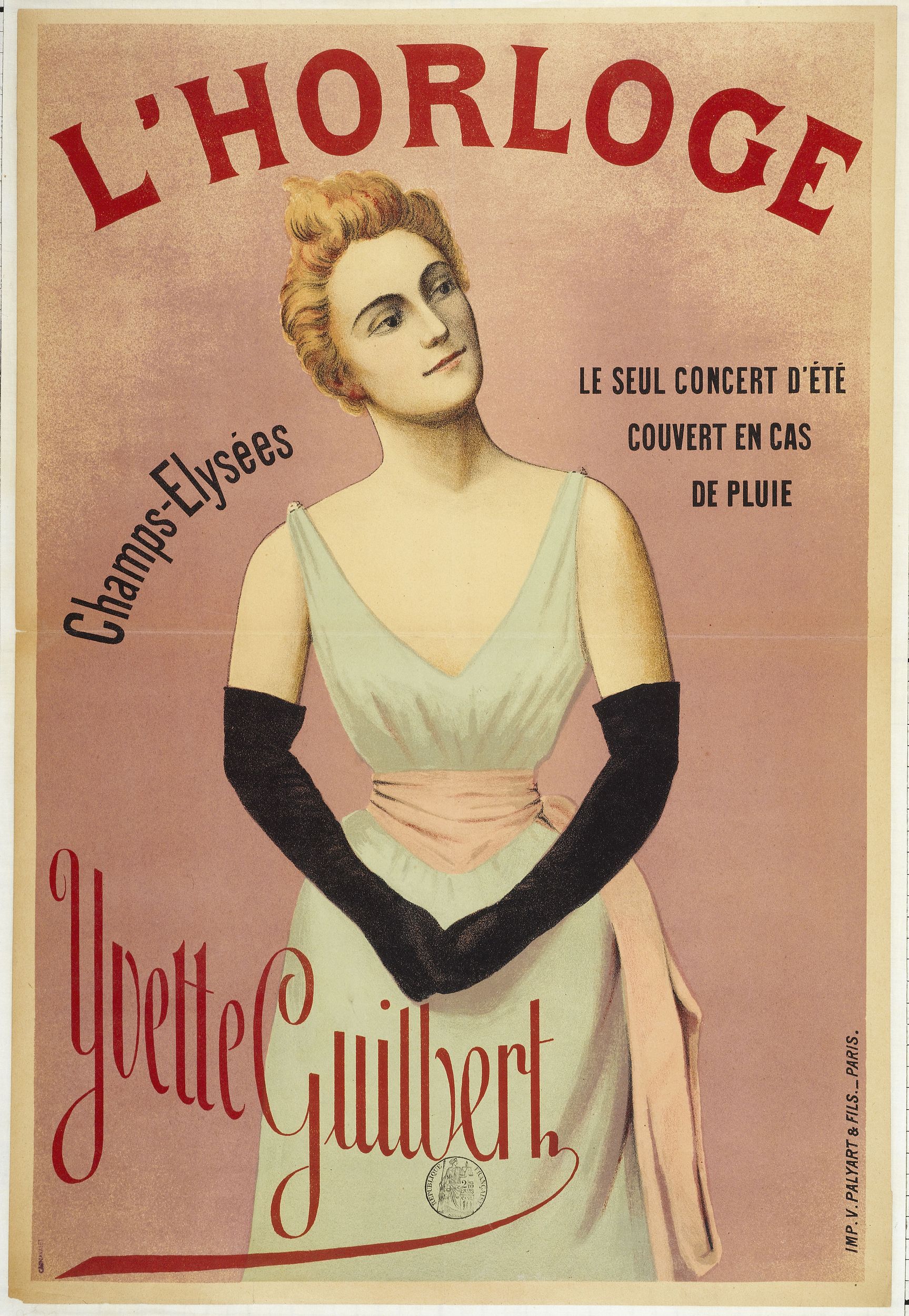 Anonyme, L'HORLOGE/ Champs-Elysées/ LE SEUL CONCERT D'ETE/ COUVERT EN CAS/ DE PLUIE/ Yvette Guilbert