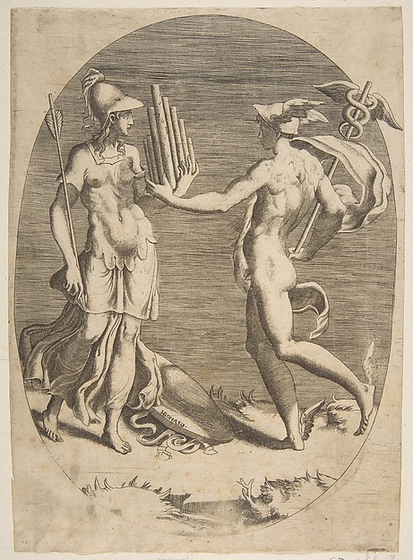 Giulio Bonasone, Mercury presenting a panpipe to Minerva who stands at left, an oval composition