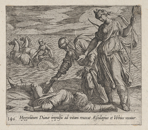 Antonio Tempesta, Plate 146: Hippolytus Saved from Death (Hippolitum Dianae impulsu ad vitam revocat  AEsculapius et Virbius vocatur), from Ovid's 'Metamorphoses'