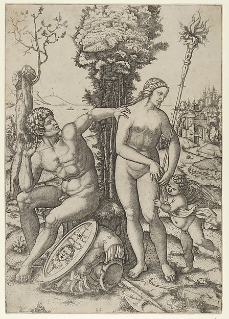 Marcantonio Raimondi, Mars seated at the left, his left hand on Venus's shoulder, cupid beside her at the right