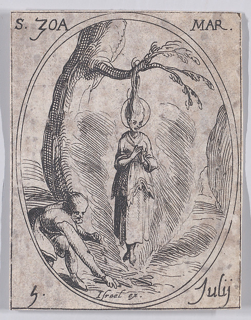 Jacques Callot, Ste. Zoé, martyre (St. Zoe, Martyr), July 5th, from "Les Images De Tous Les Saincts et Saintes de L'Année" (Images of All of the Saints and Religious Events of the Year)