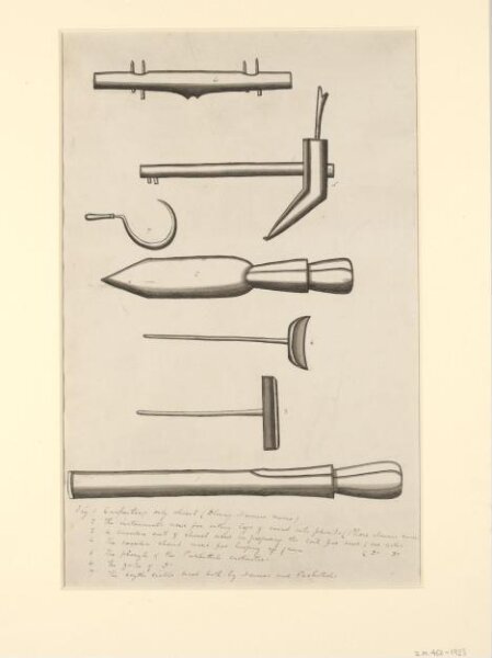 Unknown, One of seven sheets of drawings depicting implements and musical instruments.