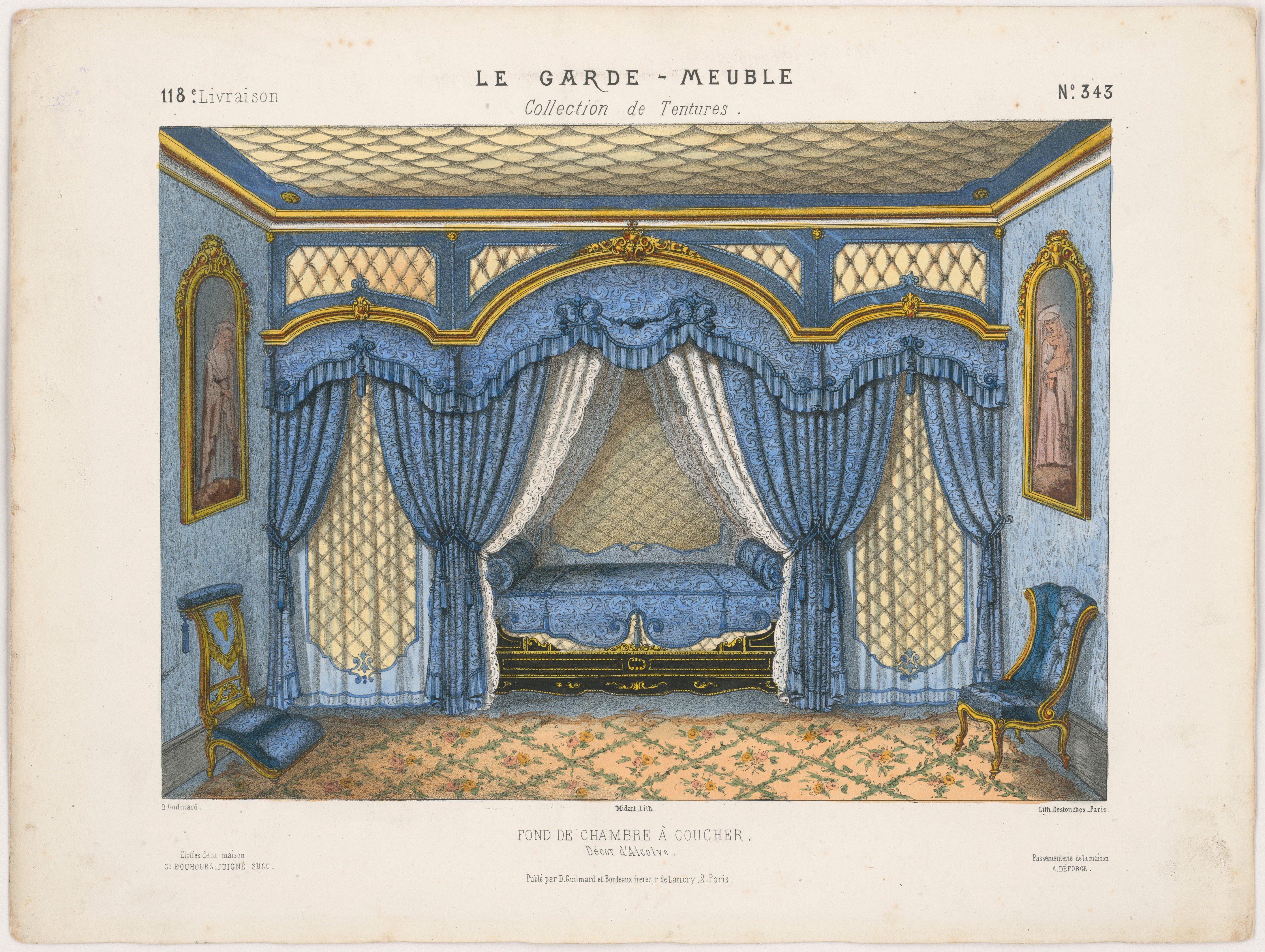 Lithographie Midart, "Fond de chambre à coucher (Décor d'Alcolve)", aus: Le Garde-meuble