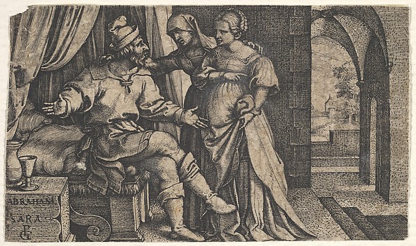 Georg Pencz, Sarah presenting Hagar to Abraham, who sits at the foot of a bed, from "The Story of Abraham"