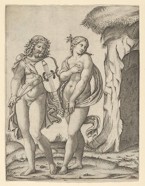 Marcantonio Raimondi, Orpheus standing at left playing the violin, Eurydice at right covering herself