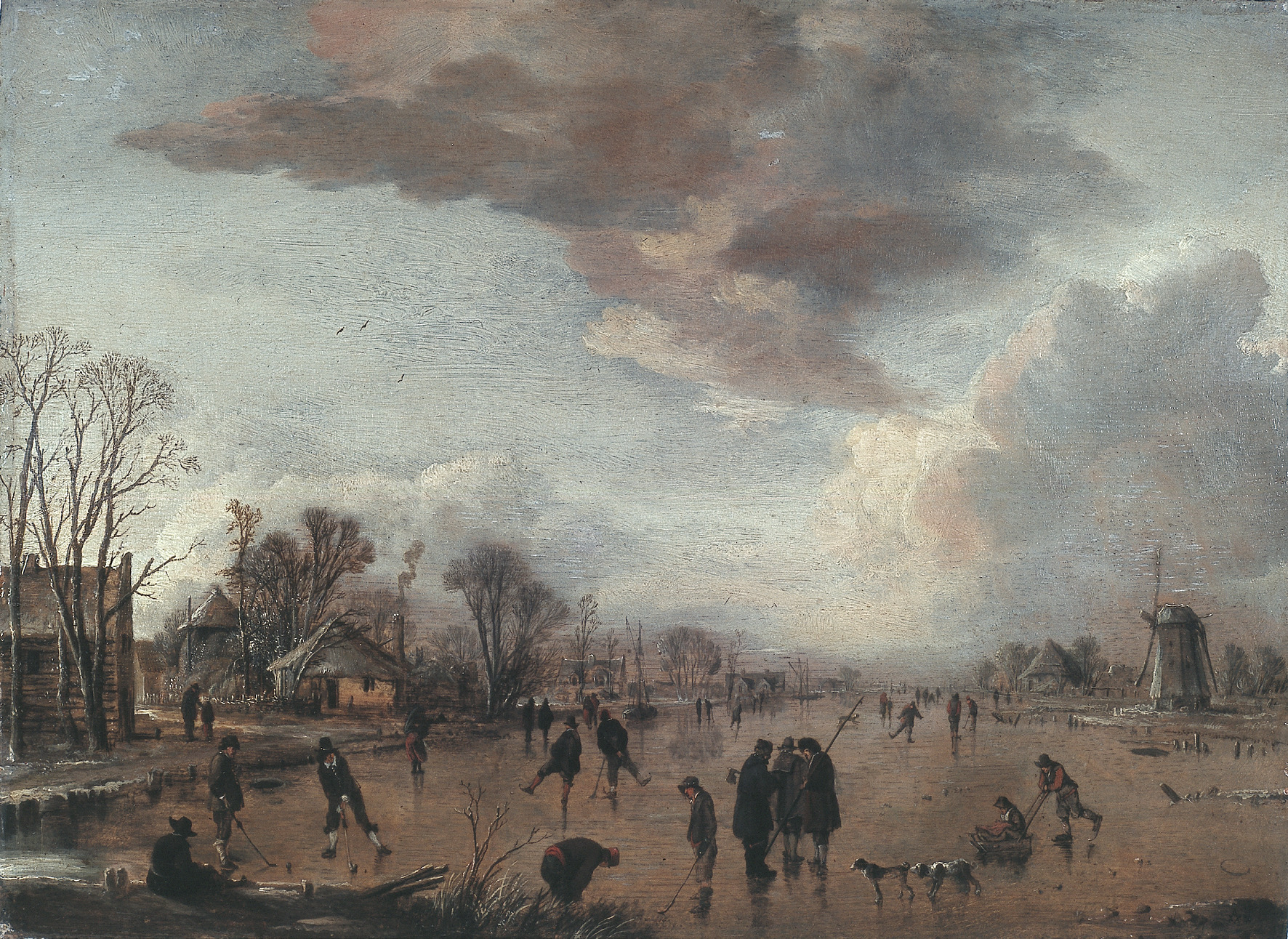 Aert van der Neer, Winter landscape with figures ice skating