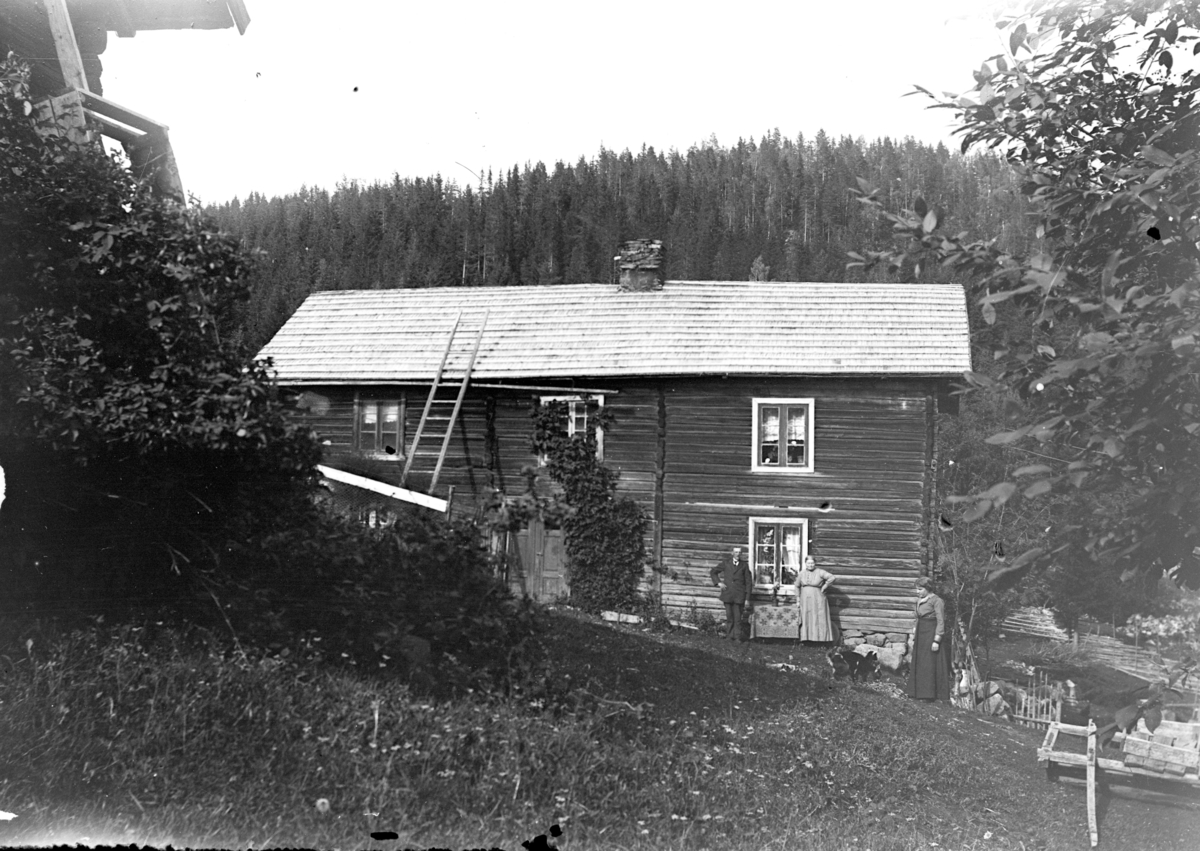 Engebret Dalen Olsen, Evenrud, hovedbygningen. 634-3. F.v. Peder Evenrud, Marie Evenrud, Karen Evenrud.