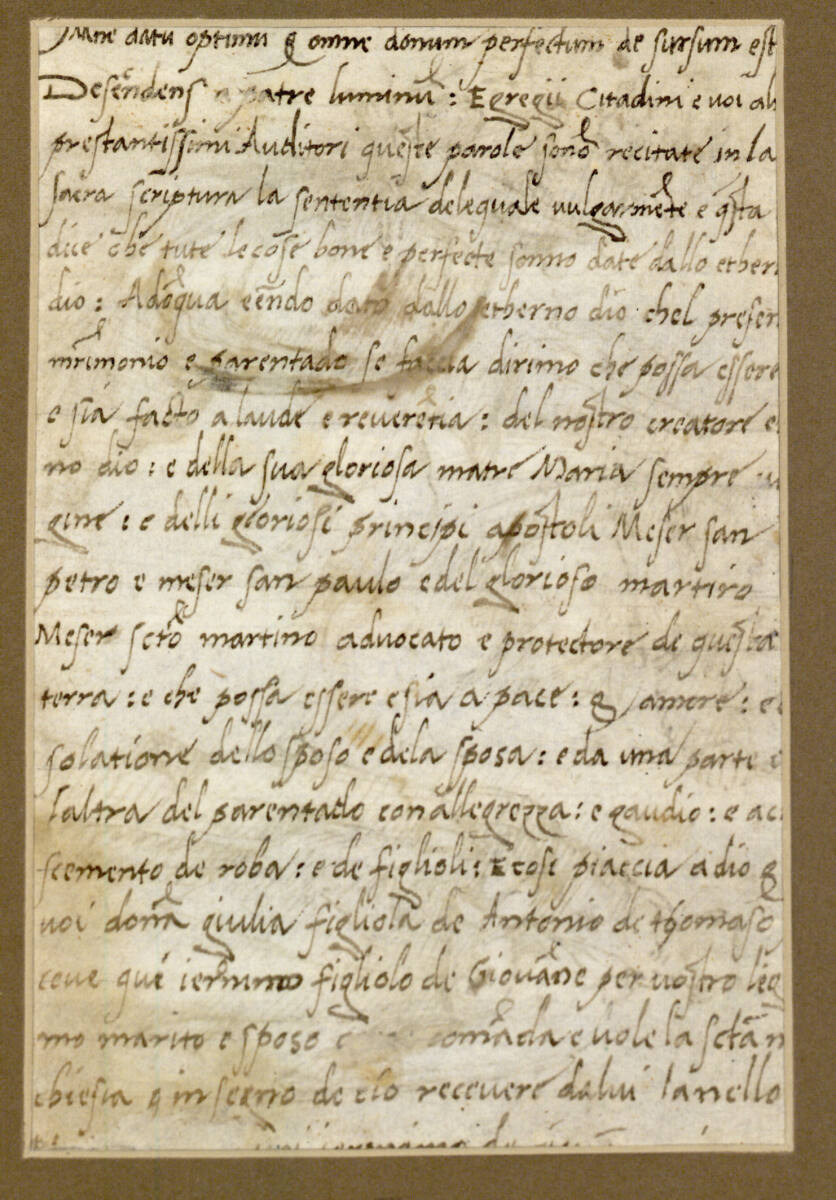 Anonym, Fragment eines Ehevertrages zwischen Donna Giulia, figliola de Antonio di Tomaso, und Ieronimo, figliolo di Giovane