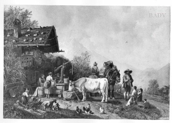 Heinrich Bürkel, Bauern und Viehtränke in Gebirgslandschaft